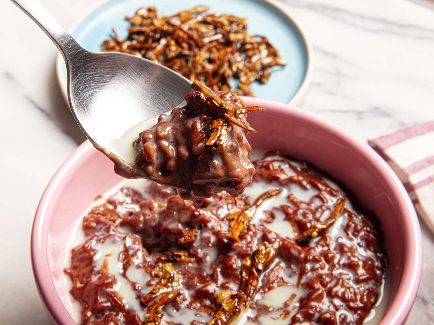 Side angle view of a spoon holding up Champorado with candied anchovies