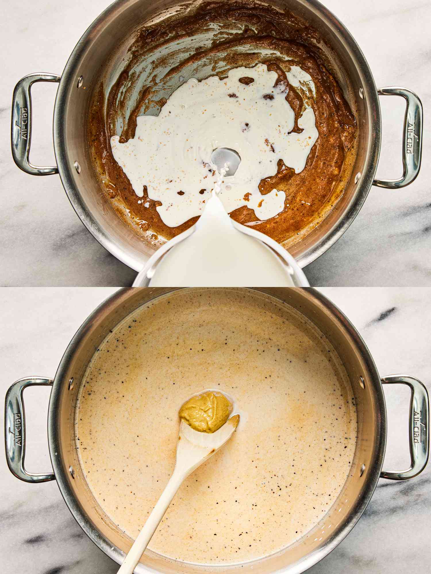 Overhead view of adding cream and stirring mixture