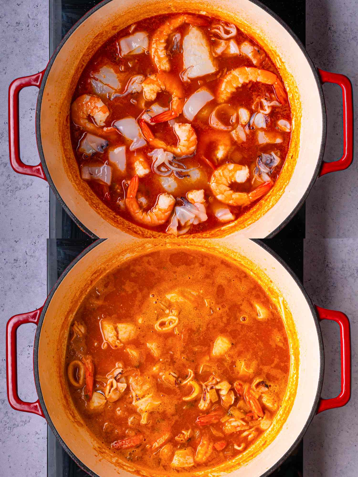 Two pots with seafood stew showcasing preparation stages and variations