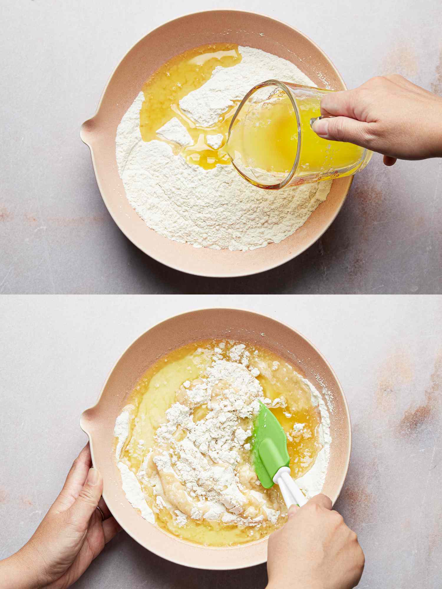 2 image collage. Top: Bowl of dry ingredients with a hand pouring a measuring cup of melted butter into it. Bottom: Mixing ingredients together with a rubber spatula in a large pink bowl