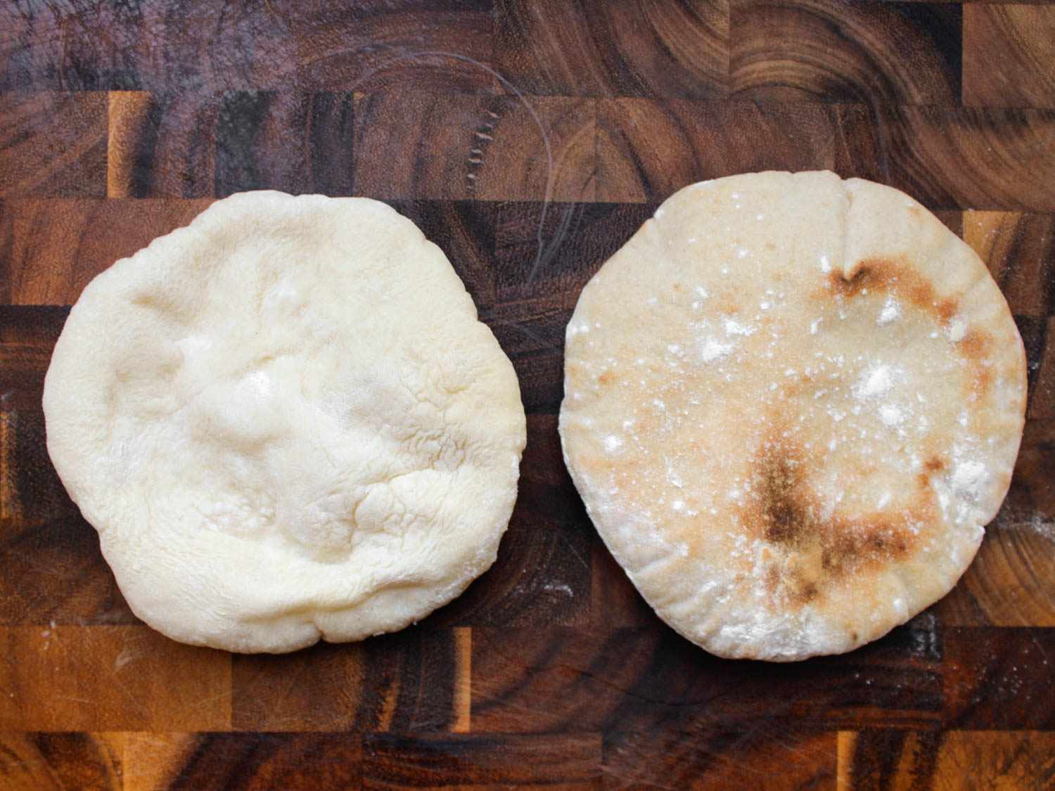 Comparing a 100% all-purpose flour pita on the left to a 20% whole wheat flour pita on the right.