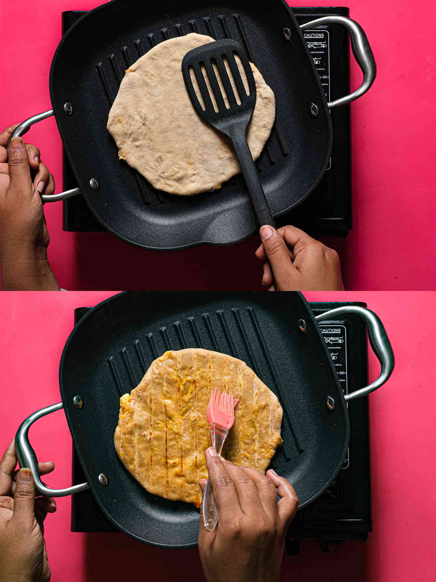 Two image collage of cooking partha on a griddle