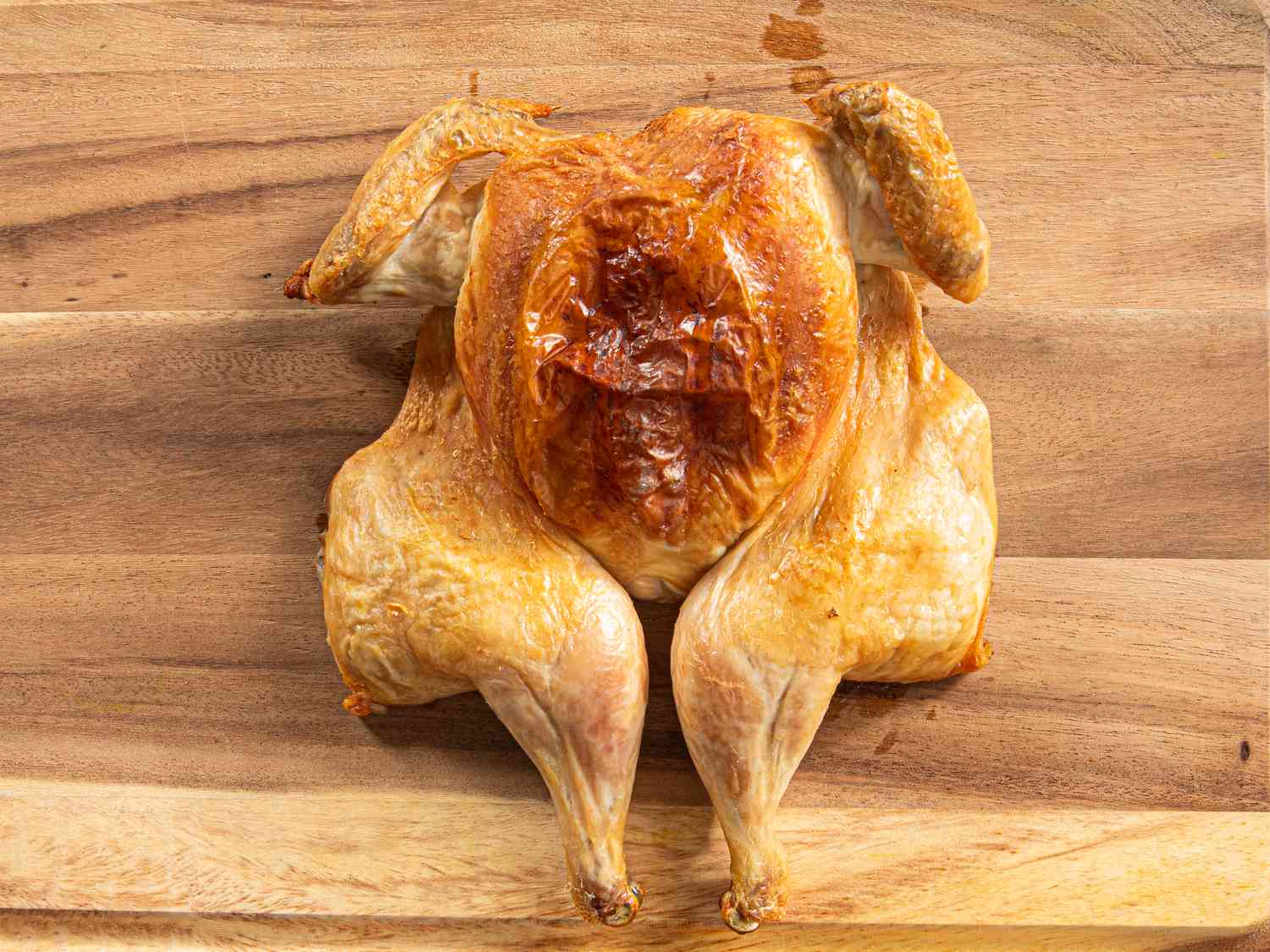 Overhead view of a spatcocked turkey after being roasted