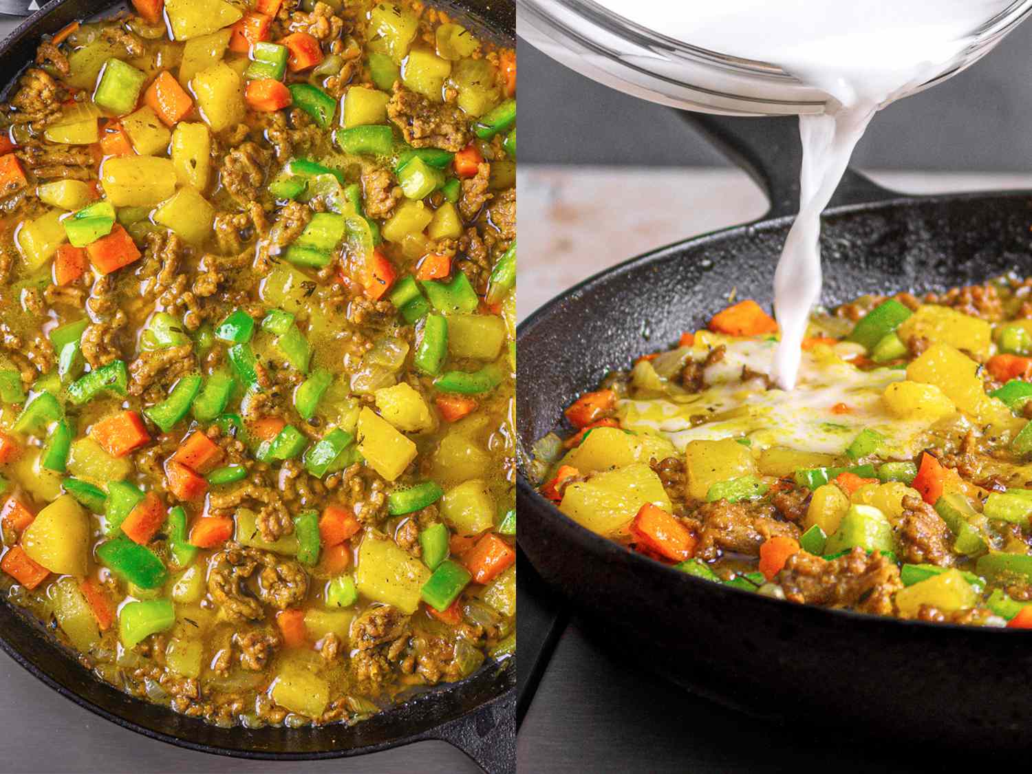 Cornstarch slurry and bell pepper added to simmering meat.