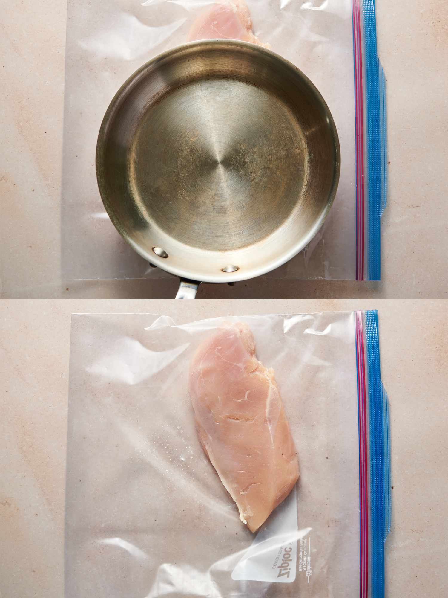 Chicken breast pounded into an even thickness of about Â¾-inch in height inside plastic resealable bag
