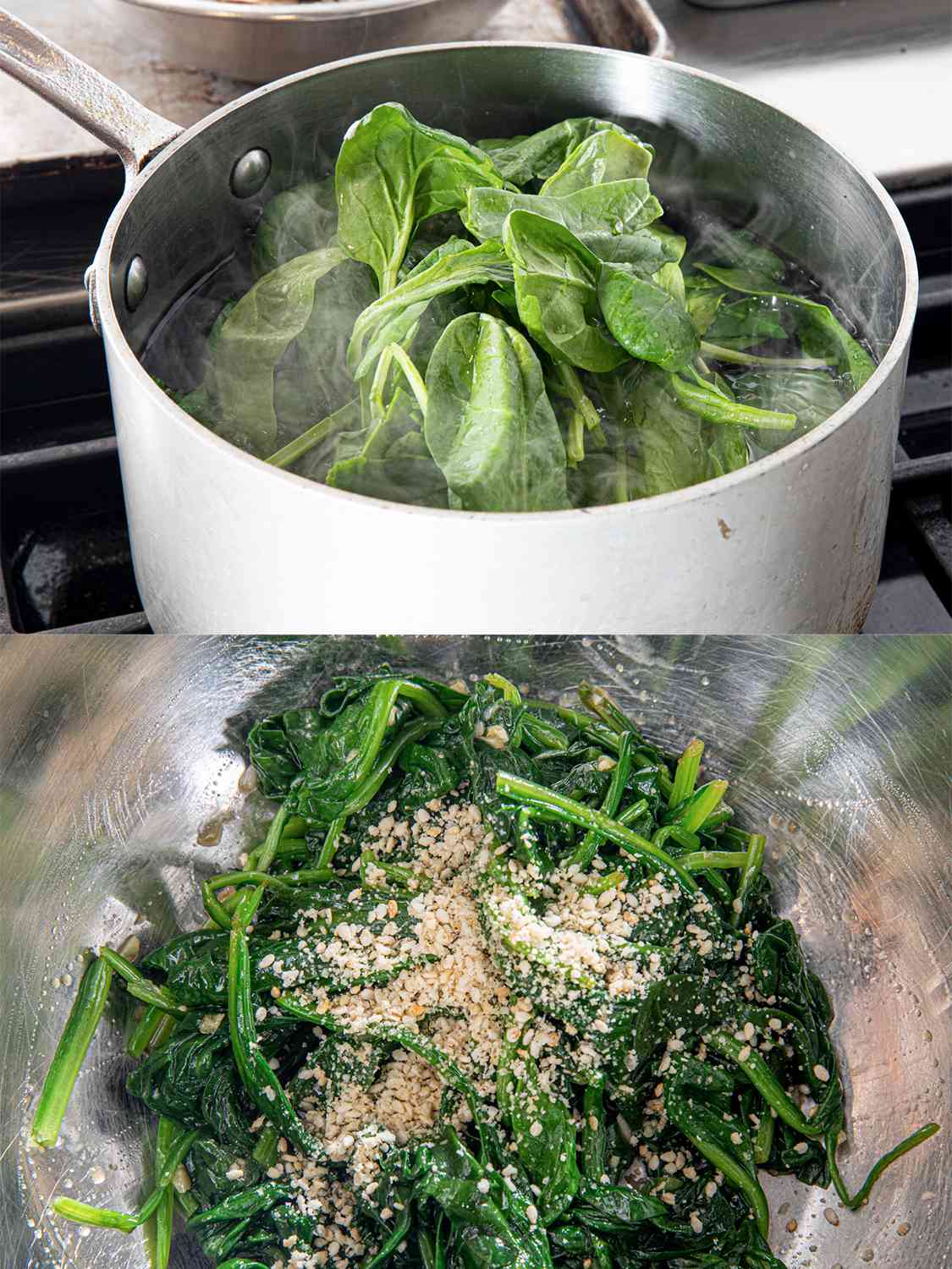 Two image collage of blanching spinach and tossing cooking spinach with toppings