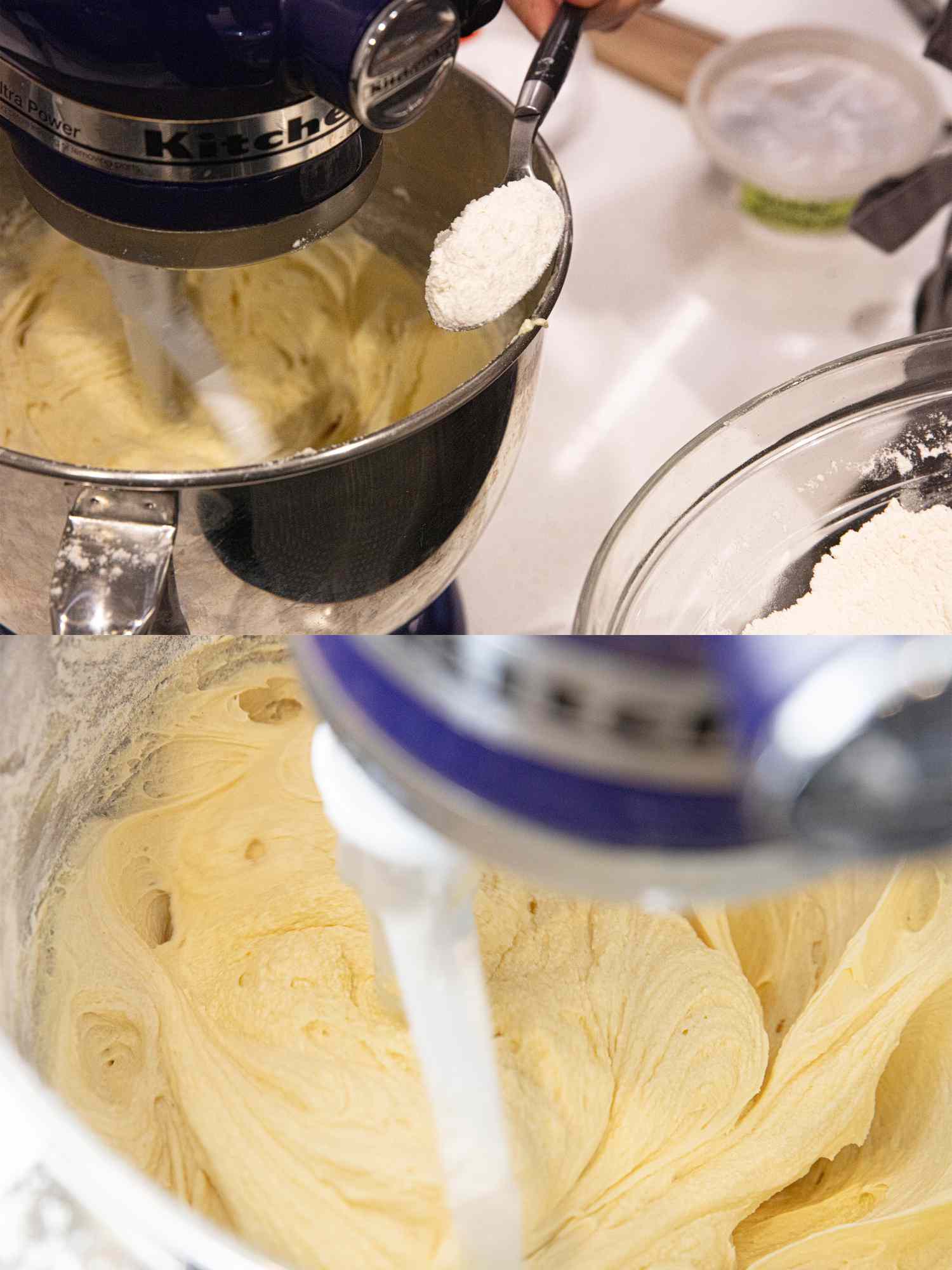 Two image collage of adding flour and finished batter in bowl