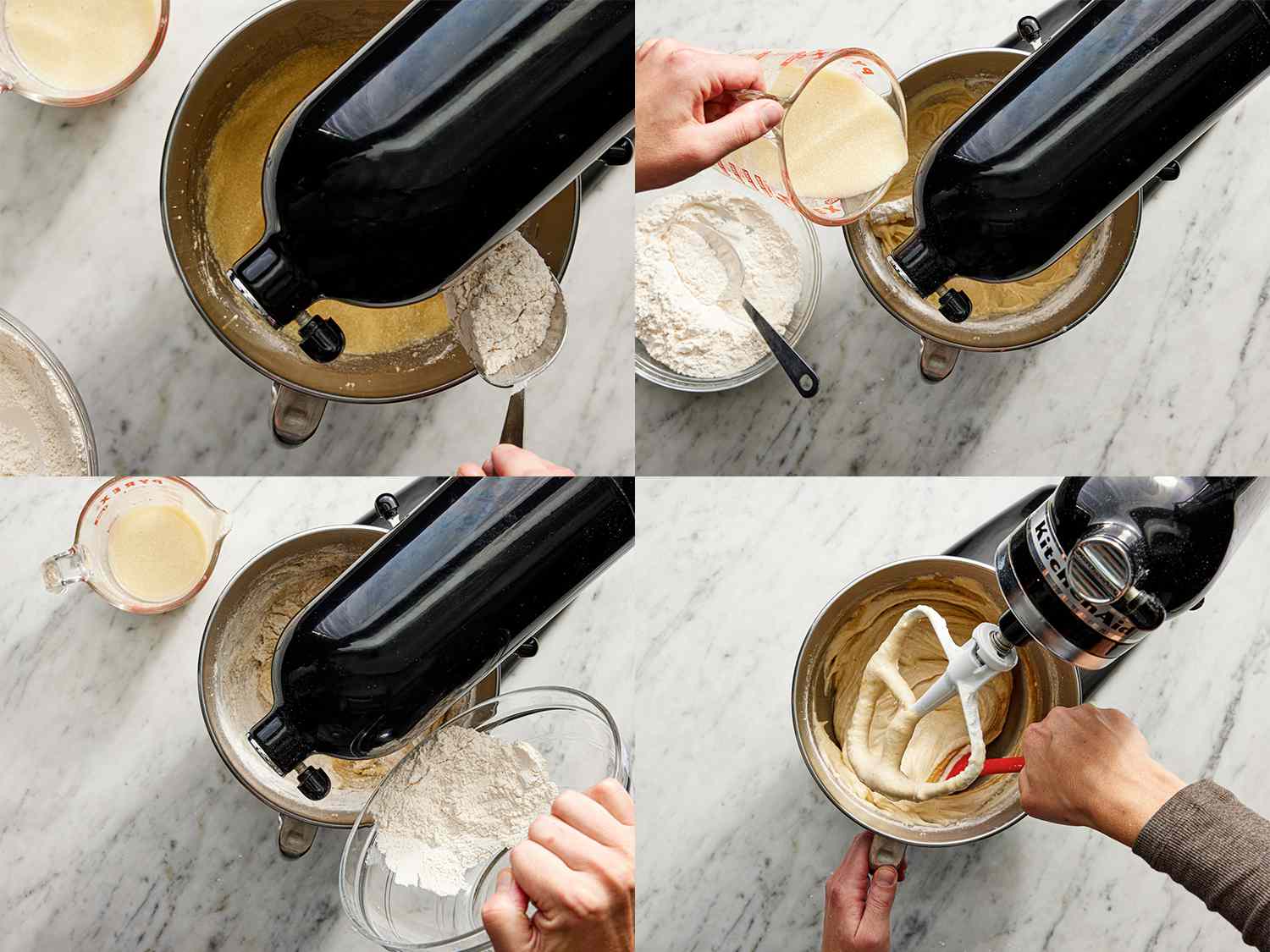 Four Image collage of batter coming together in the standmixer with the additions of flour and apple mixture