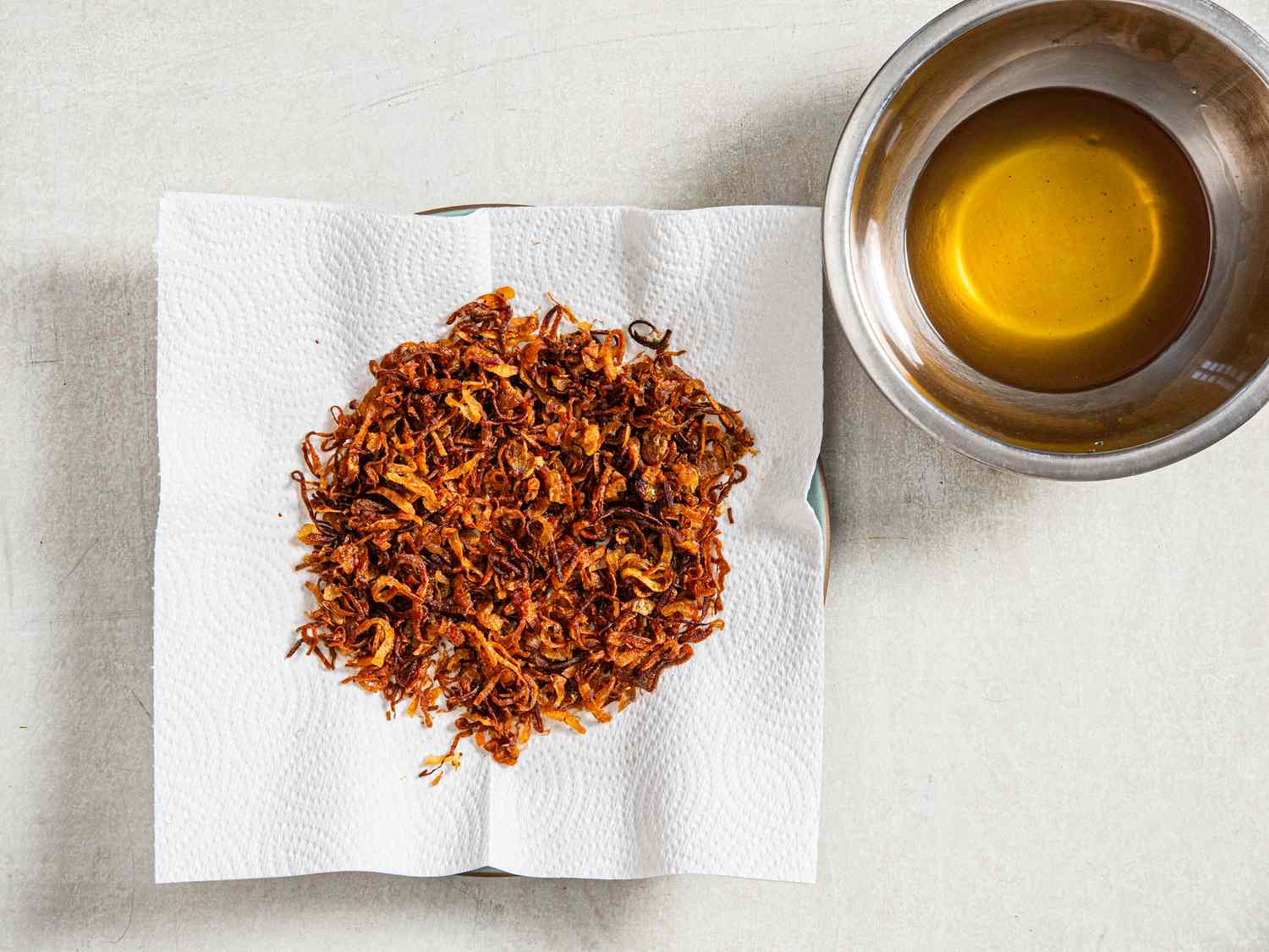 Overhead view of fried shallots