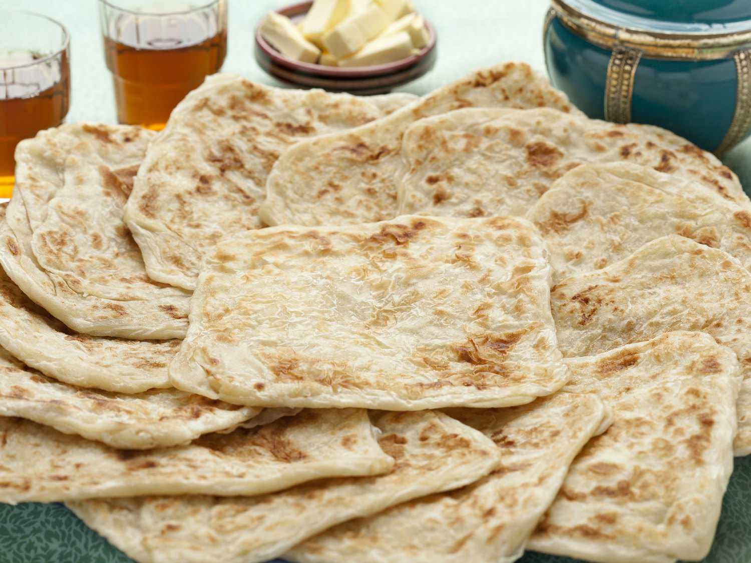 A platter of msemen, a type of north African pancake. 