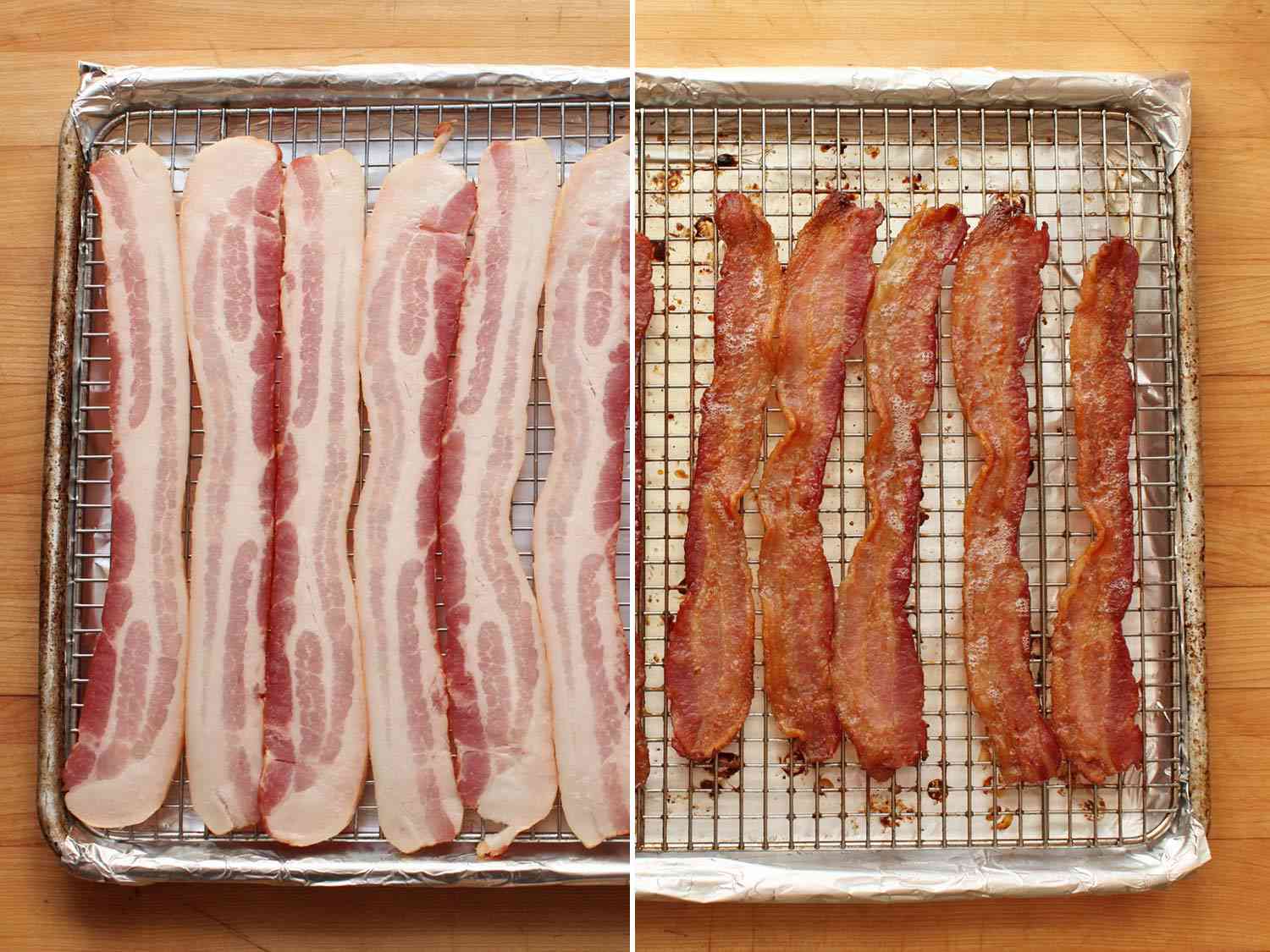 Before-after split-view of bacon baked on a wire rack in a foil-lined rimmed baking sheet.