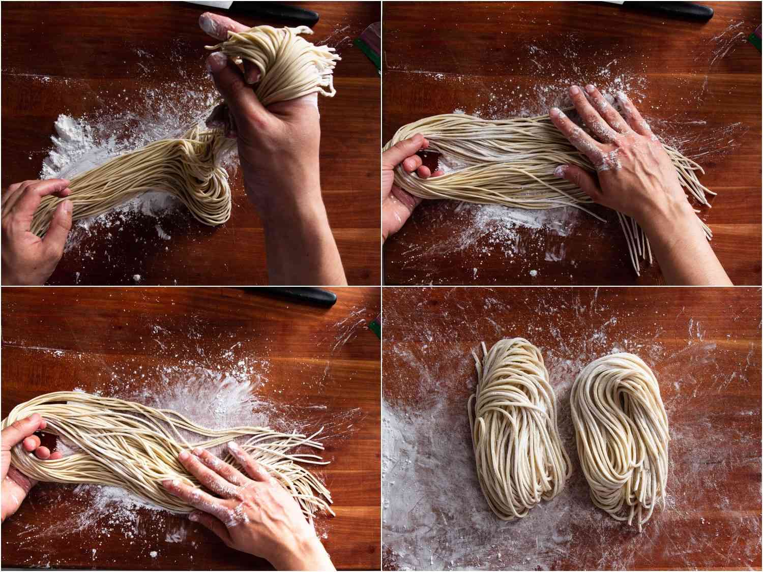 Collage of four photos showing hands dusting freshly cut ramen noodles with potato starch, resulting in two bundles of noodles.