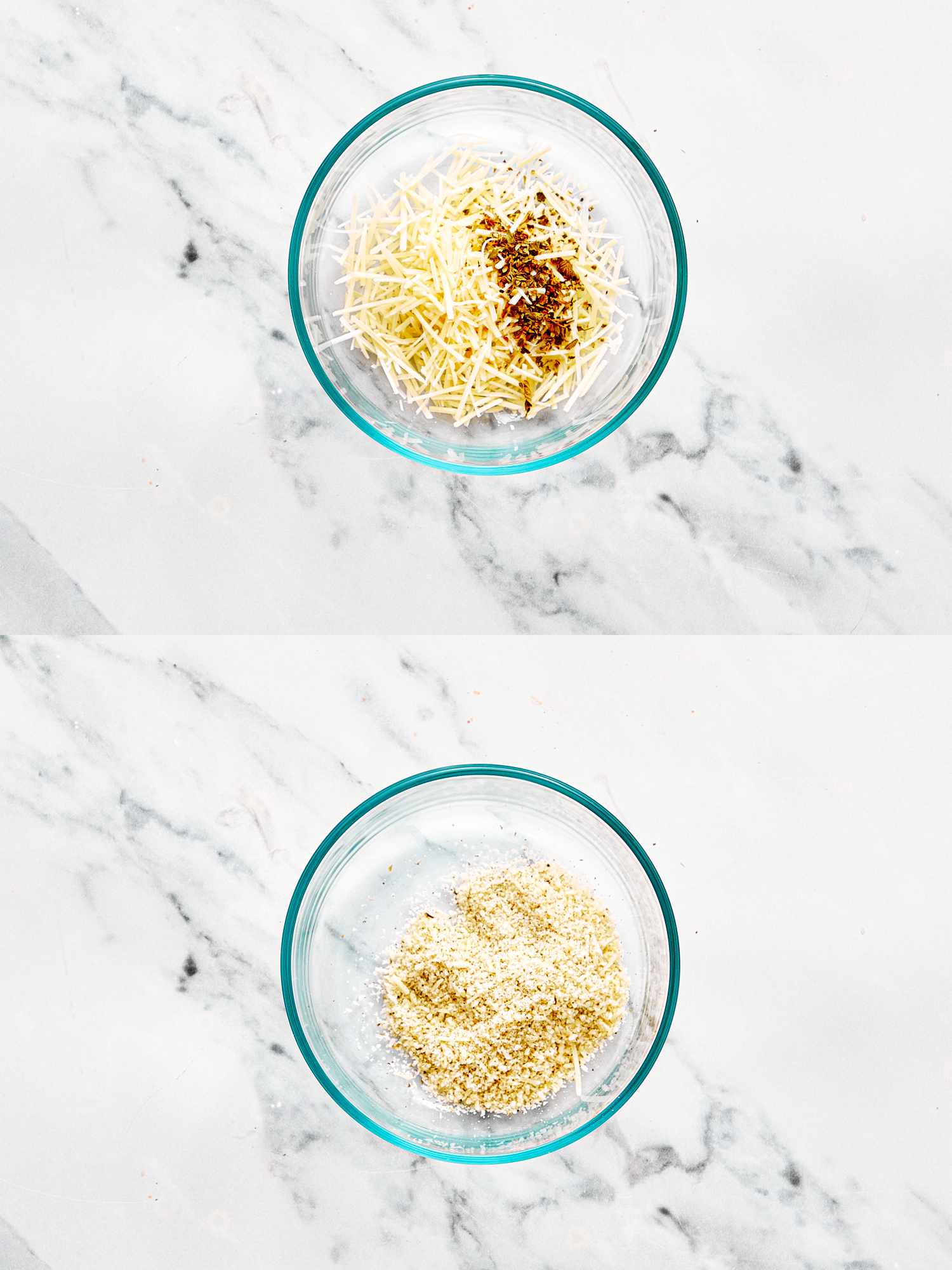 Two glass bowls filled with shredded cheese and seasoning before and after being mixed together on a marble surface