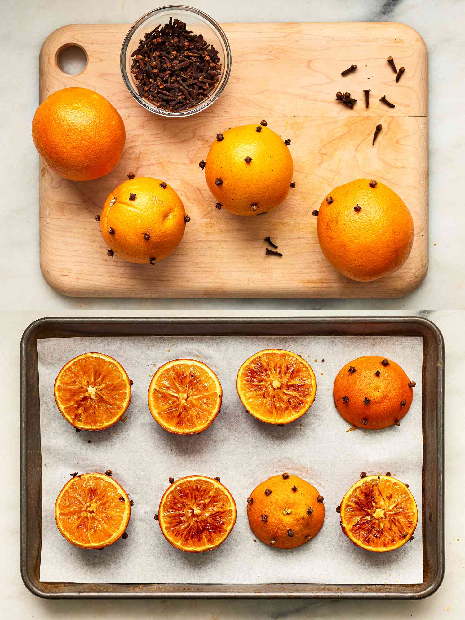 Overhead view of studding oranges with cloves