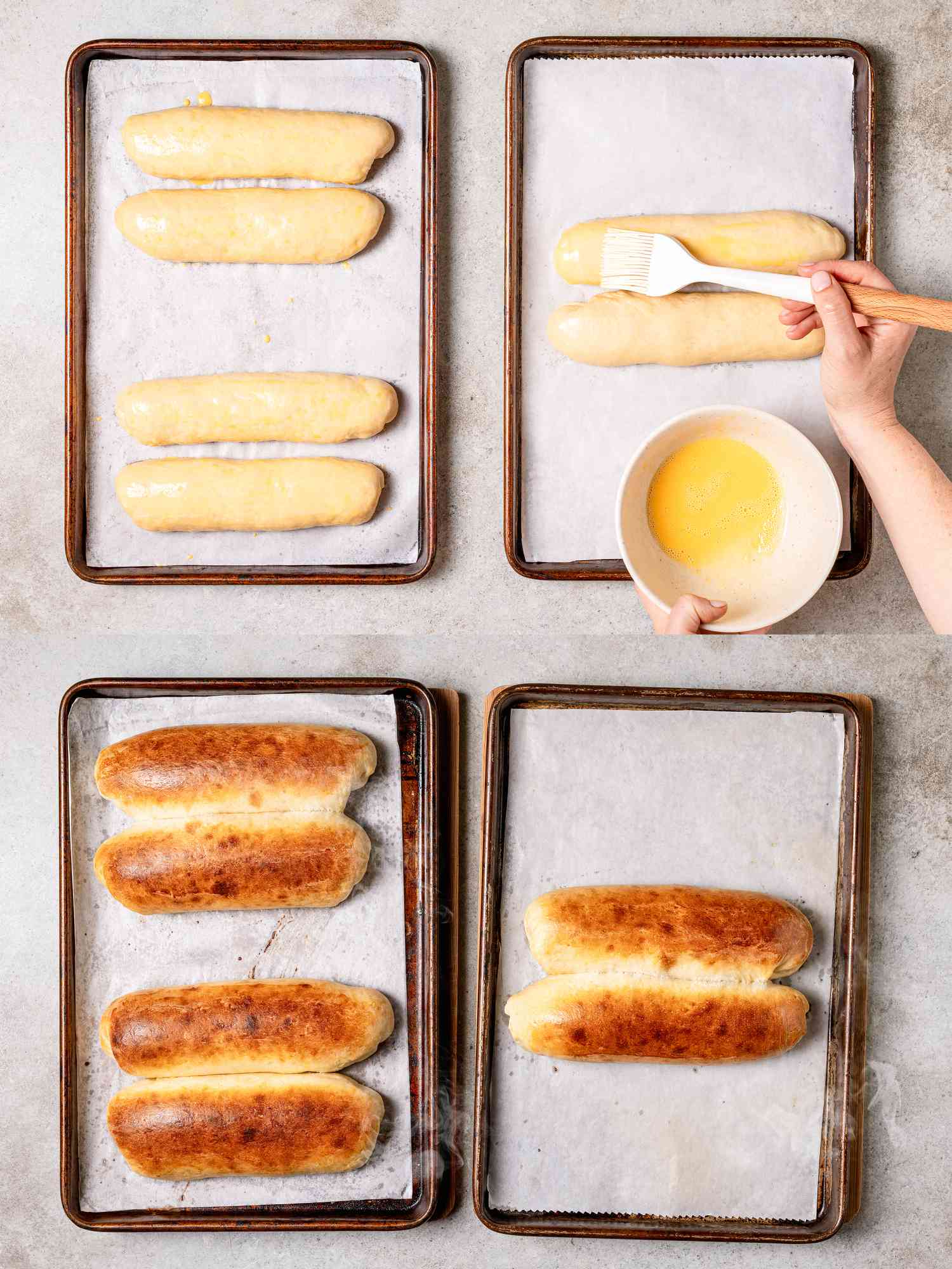 Two image collage of brushing rolls with egg wash and after being baked