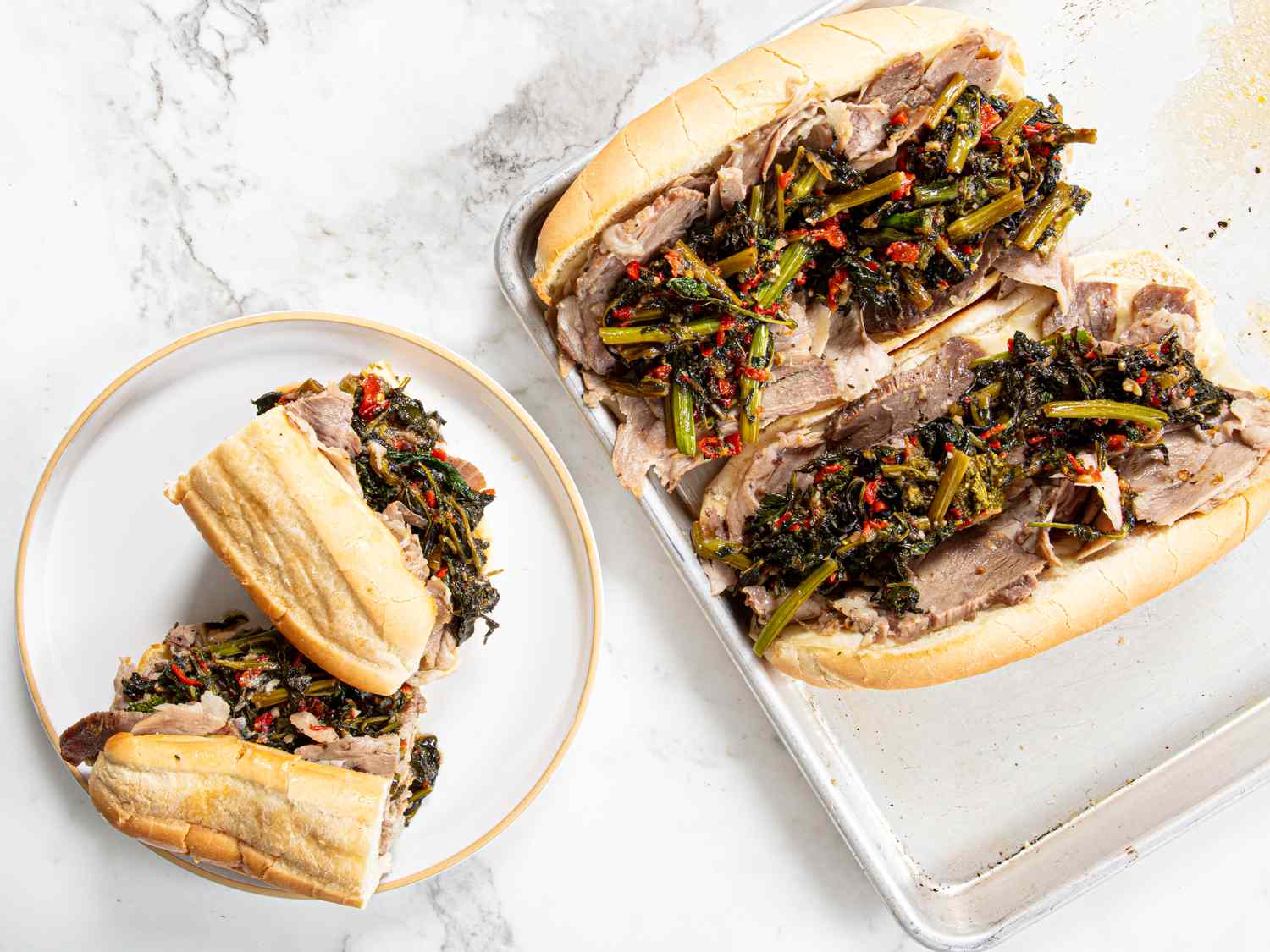 Overhead view of assembled sandwiches