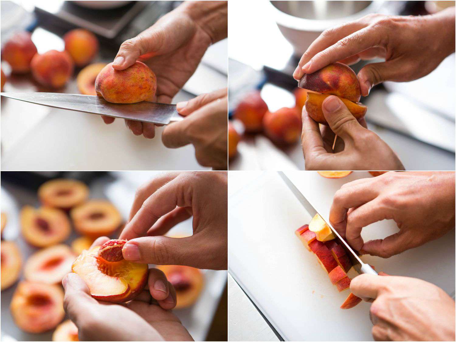 A collage of slicing peaches in half, removing the pit, and dicing for peach cobbler.