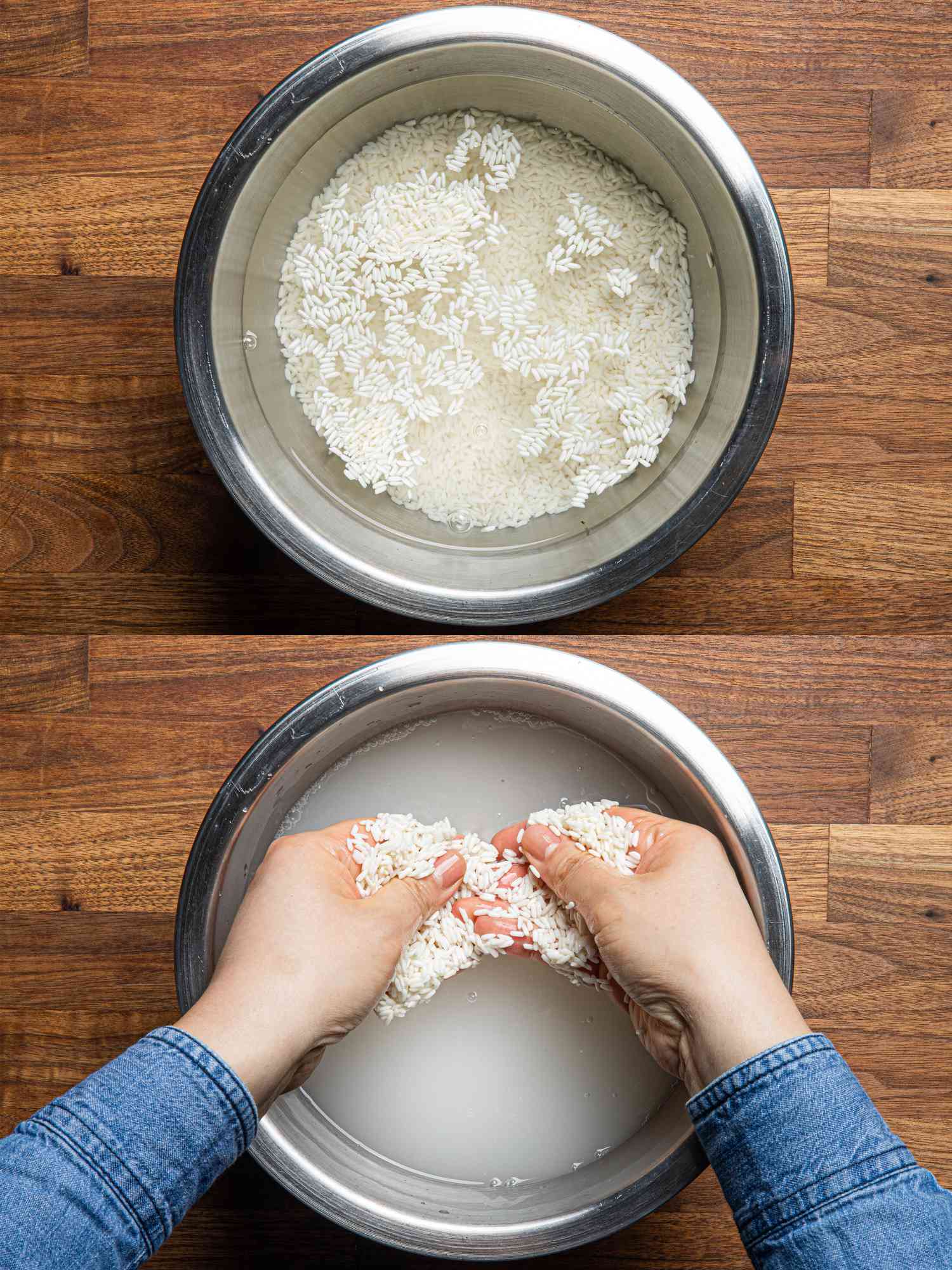 Two image collage of washing rice and breaking it up with hands