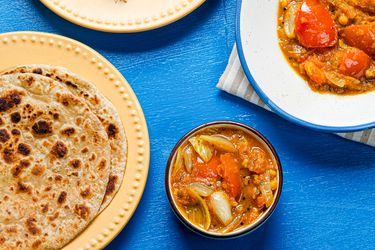 Overhead view of tomato curry recipe