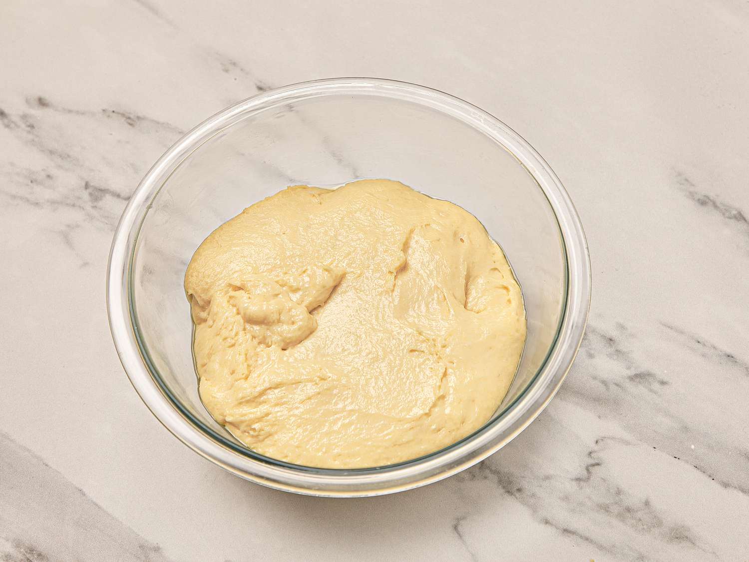 Overhead view of cake batter proofed