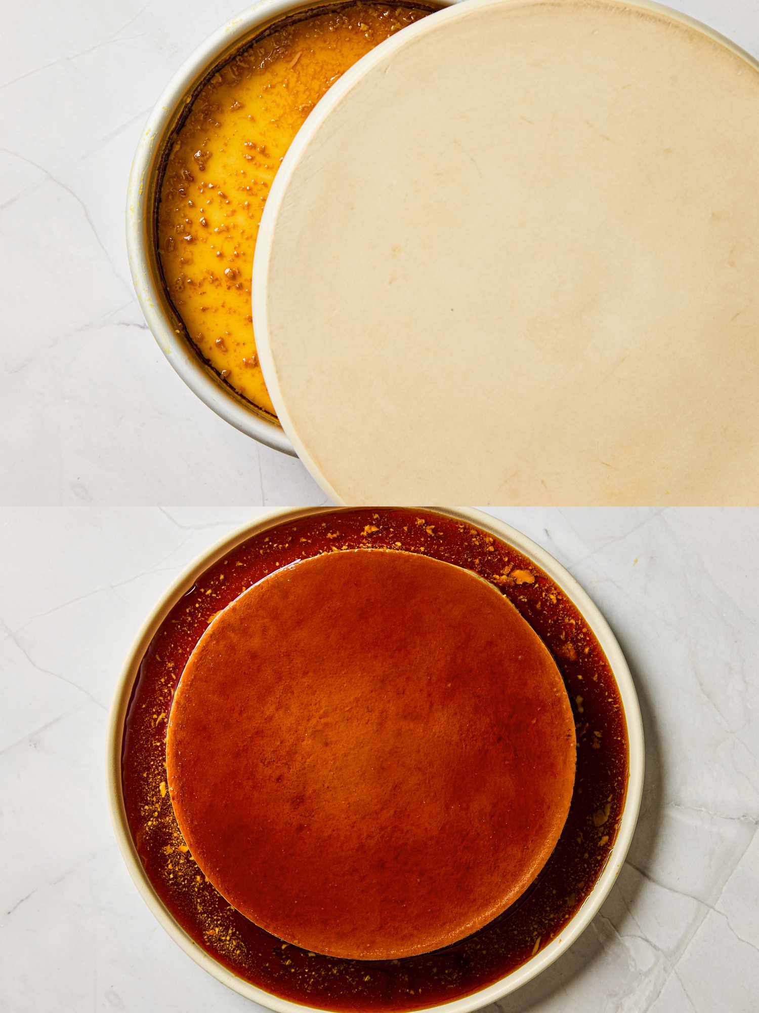 A flan being inverted onto a serving plate and revealed