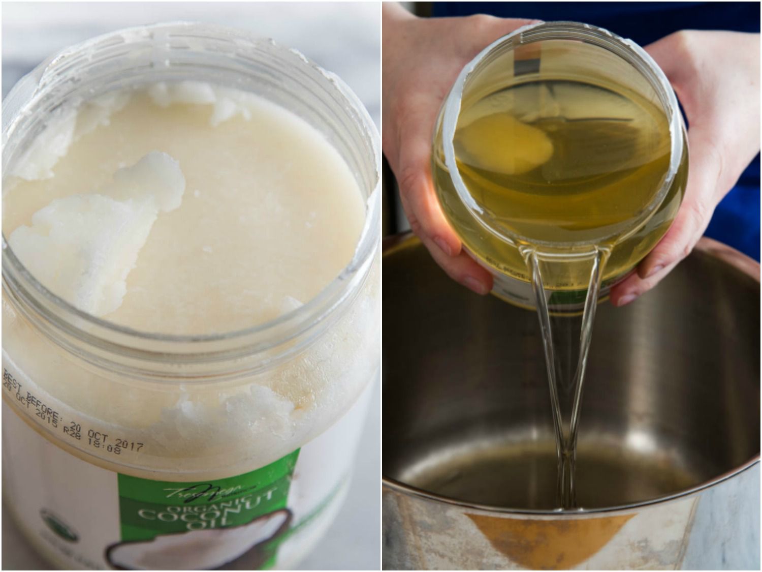 Two images: a jar of solid, room-temperature coconut oil; the jar has been warmed and the coconut oil is being poured into a pan.