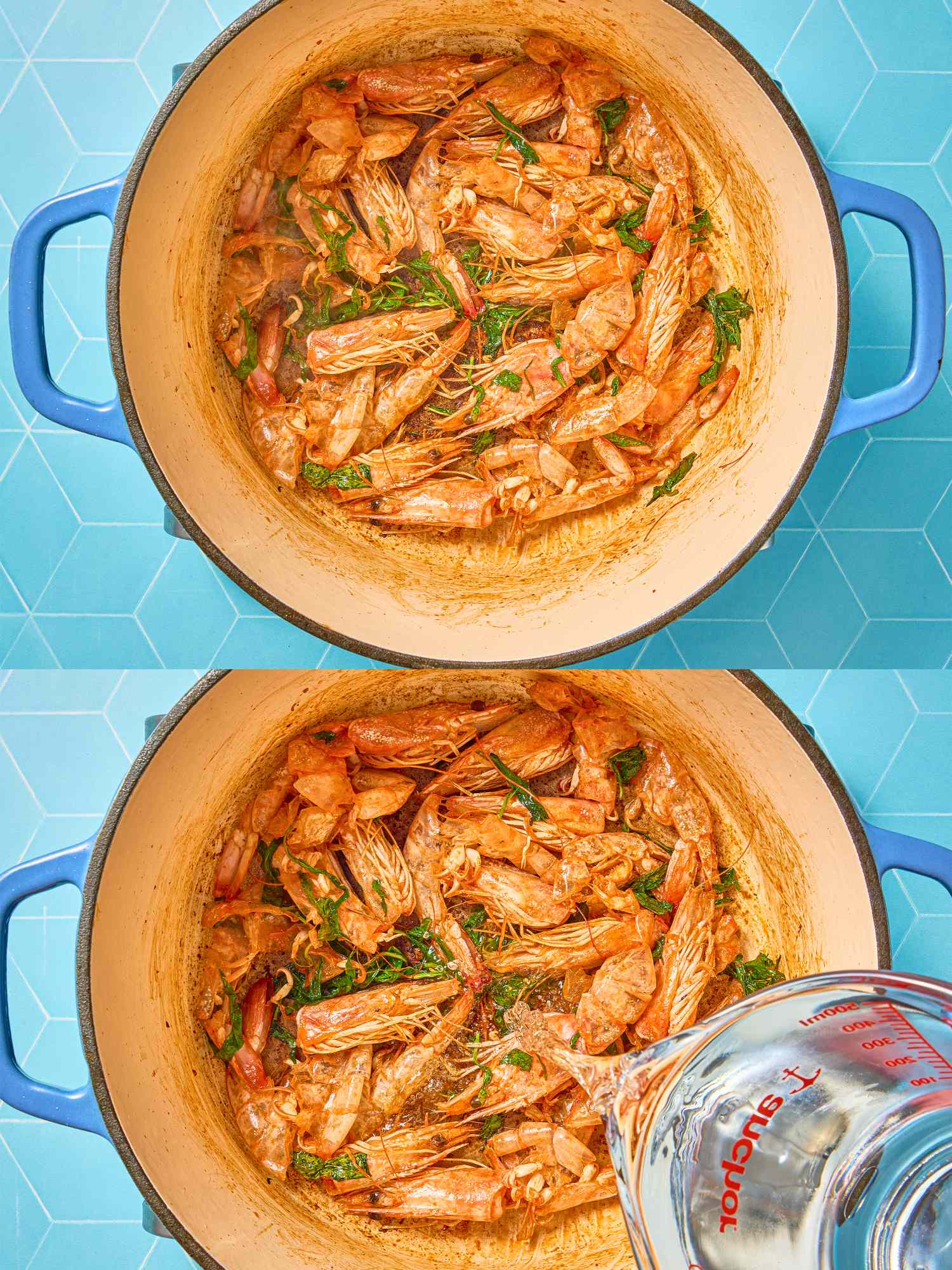 Cooking curry laksa with prawns in a pot addition of water shown in a stepbystep process