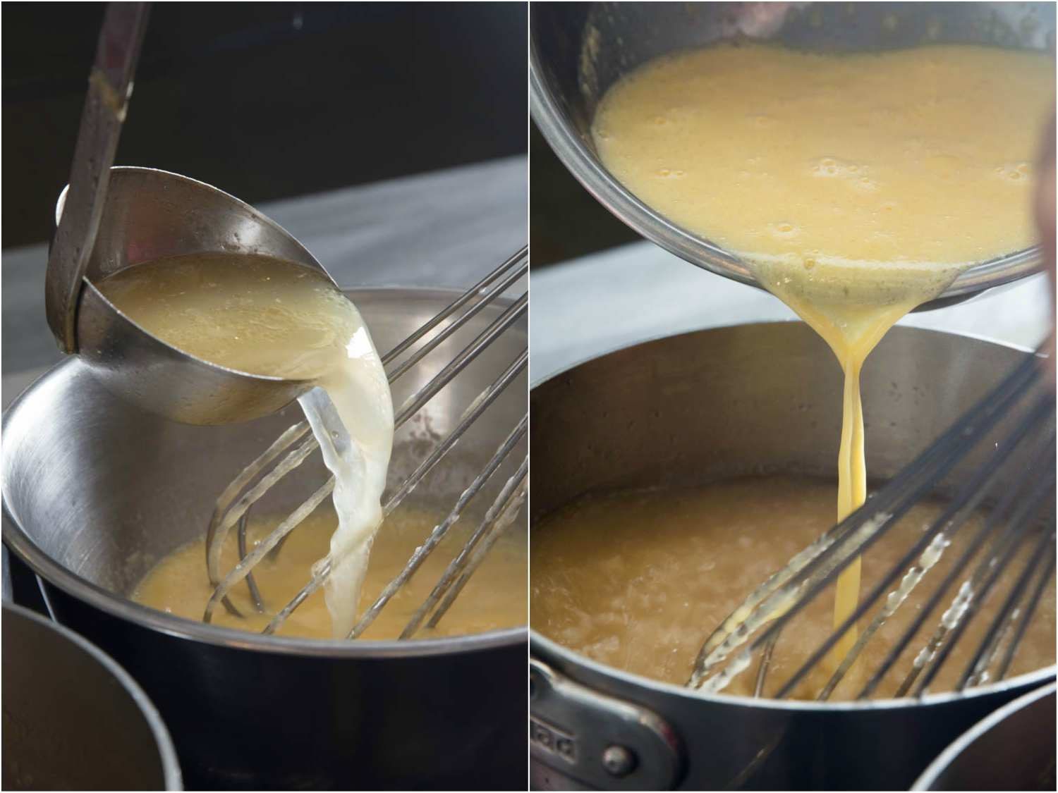 Collage of avgolomeno being thickened and enriched with tempered egg.