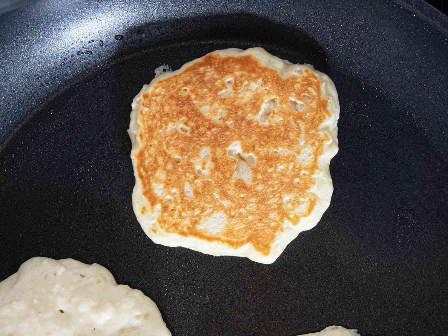 Overhead view of flipped pancake