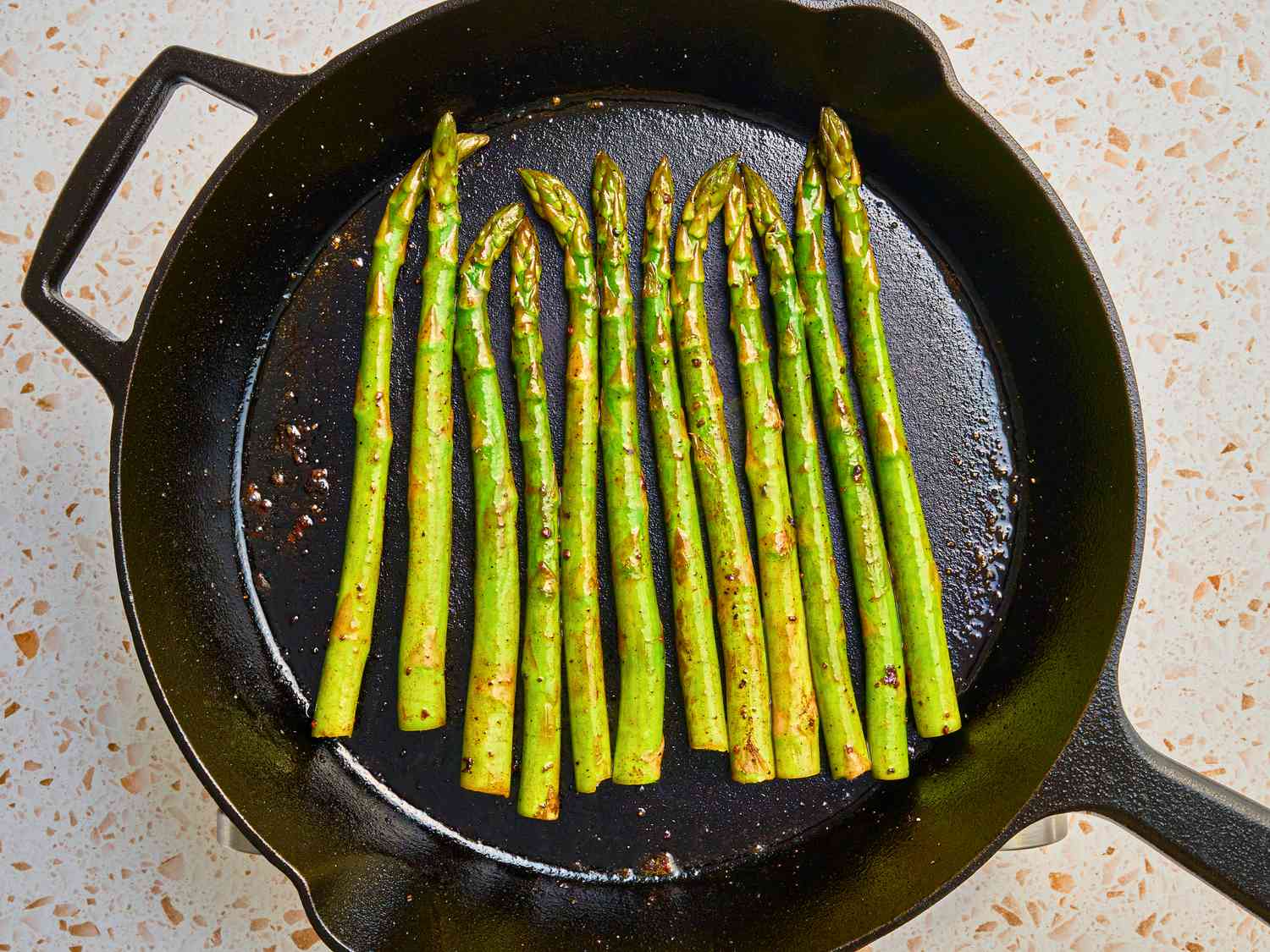 Overhead view of cooking asparagus