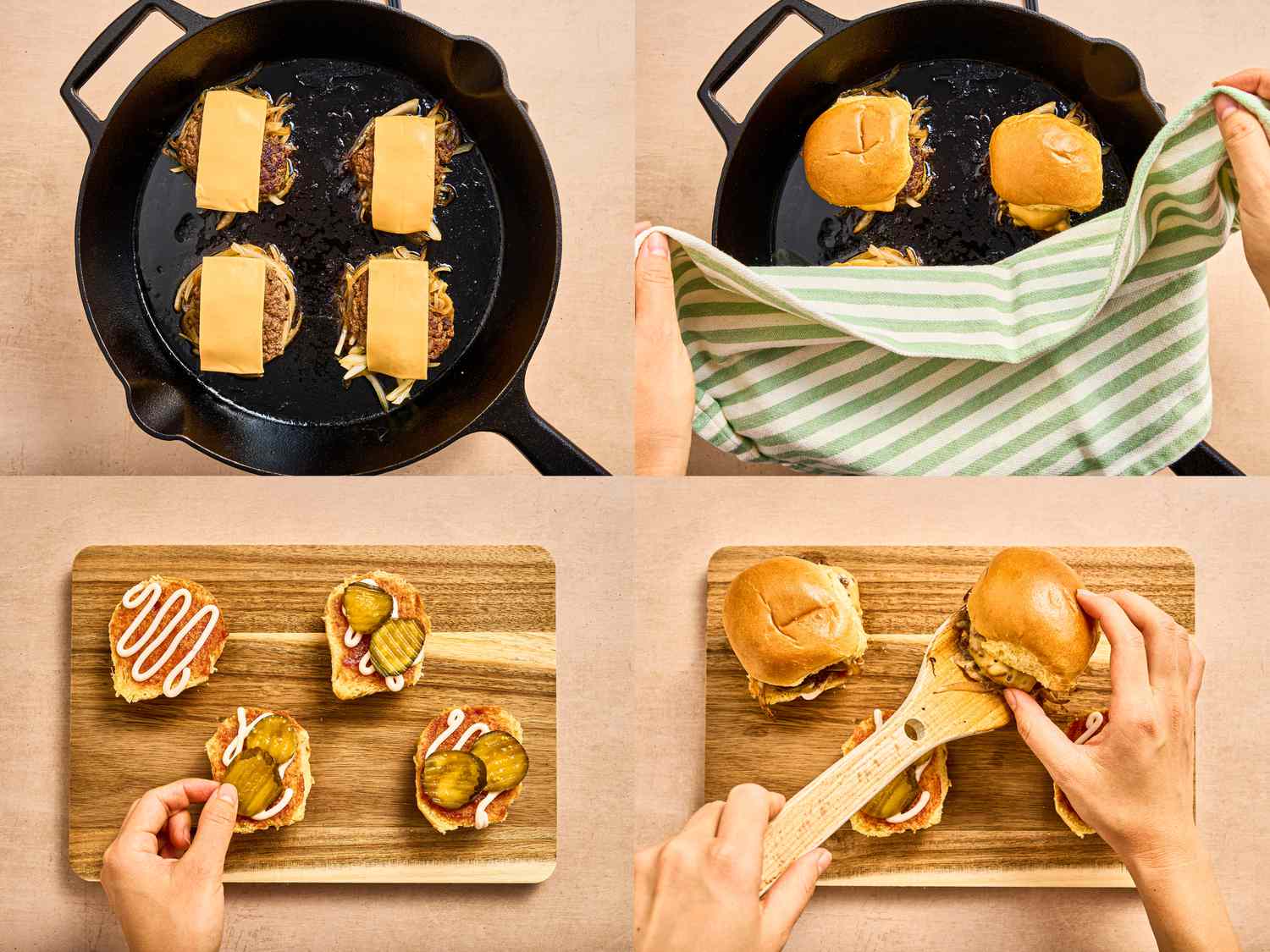 4 image collage. Top Left: Skillet with 4 sizzling onions, patties and cheese stacks. Top Right: hands covering sliders on skillet with a green and white striped towel. Bottom Left: 4 buns with condiments and sliced onions being placed on them on a wooden board. Bottom Right: Hands placing top and bottoms of sliders together with a spatula on a wooden board