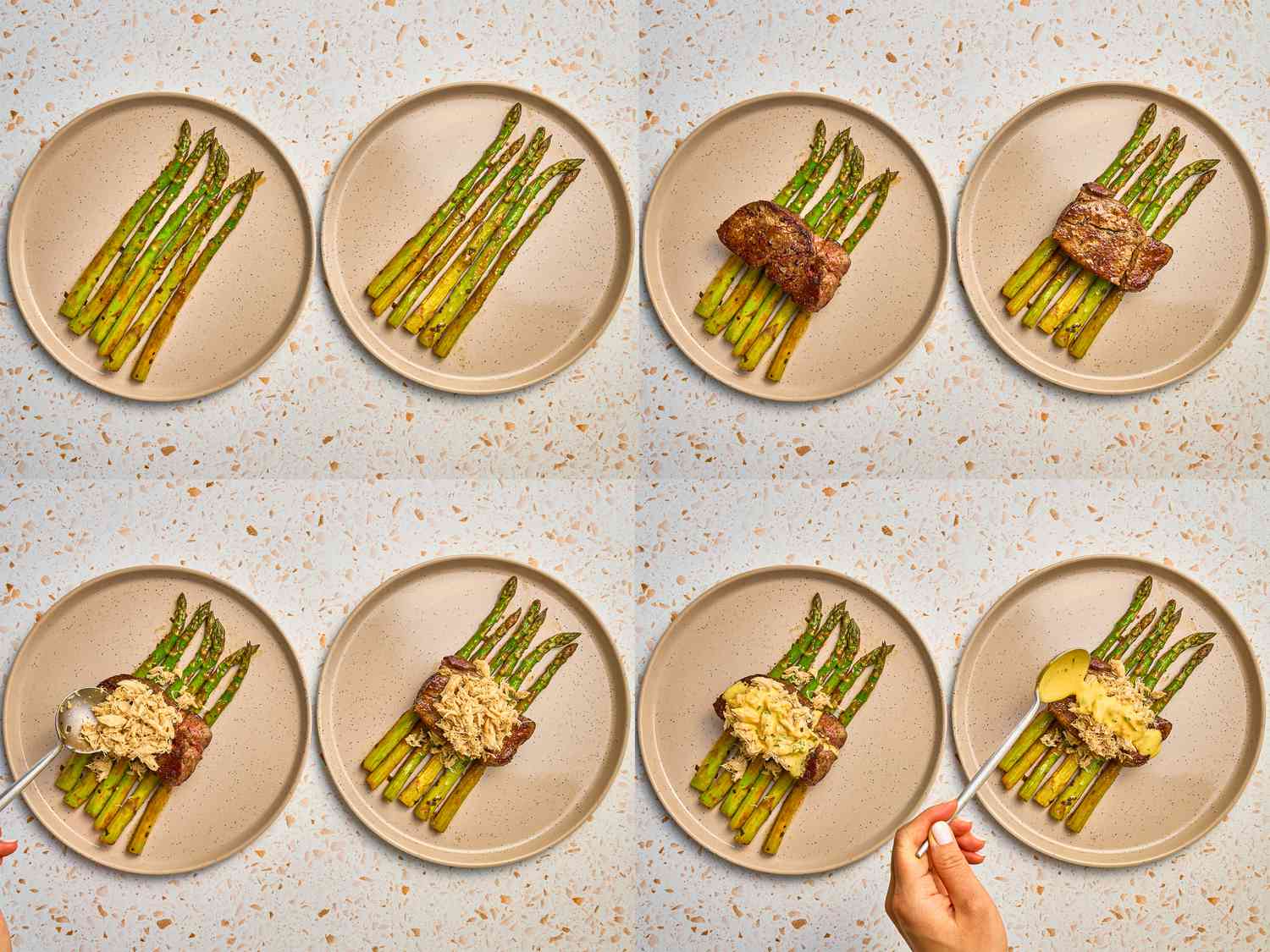 Four image collage of plating Steak Oscar