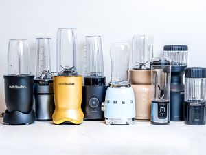 Personal blenders displayed on white countertop