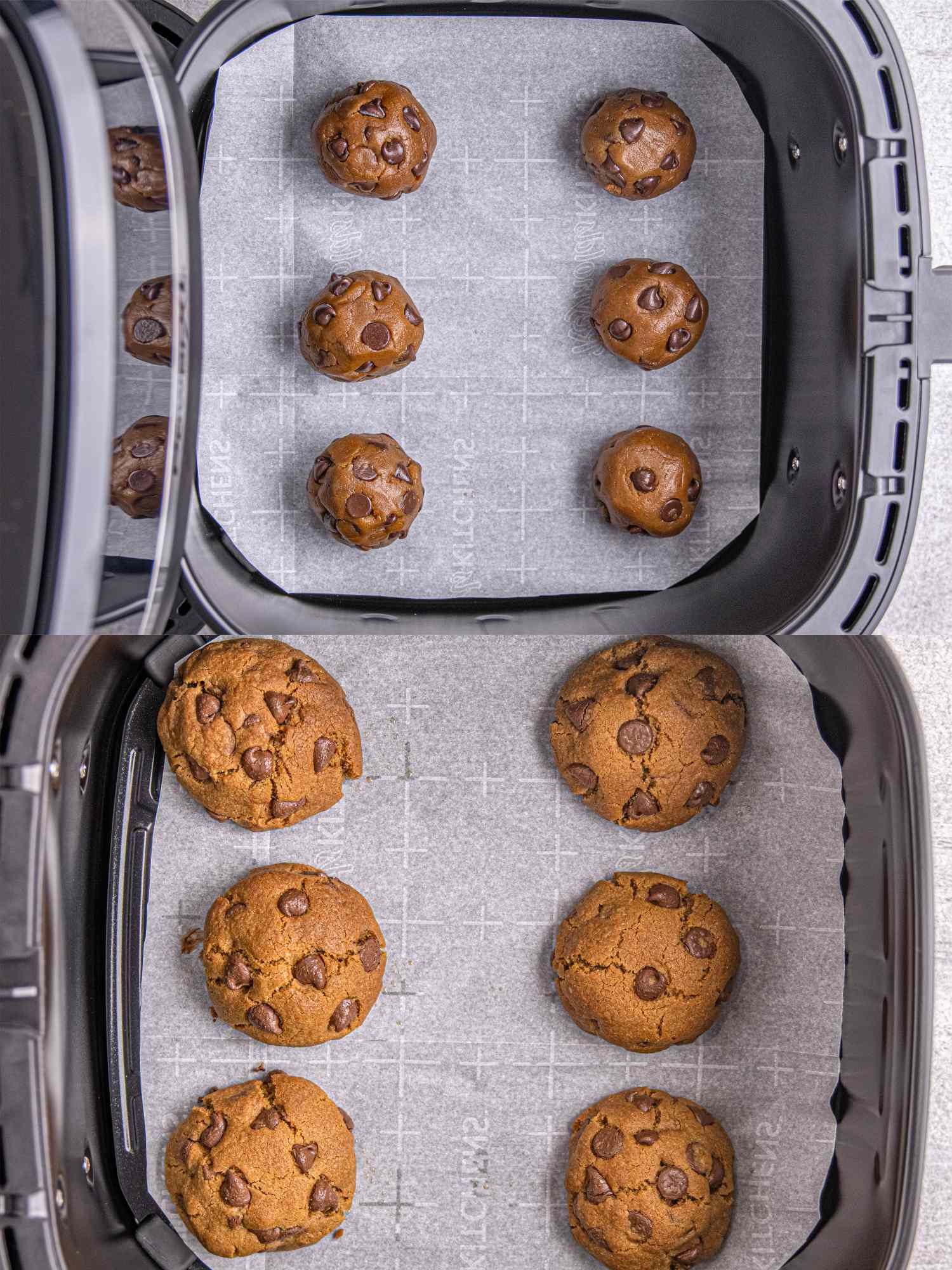Chocolate chip cookie dough and baked cookies in an air fryer basket