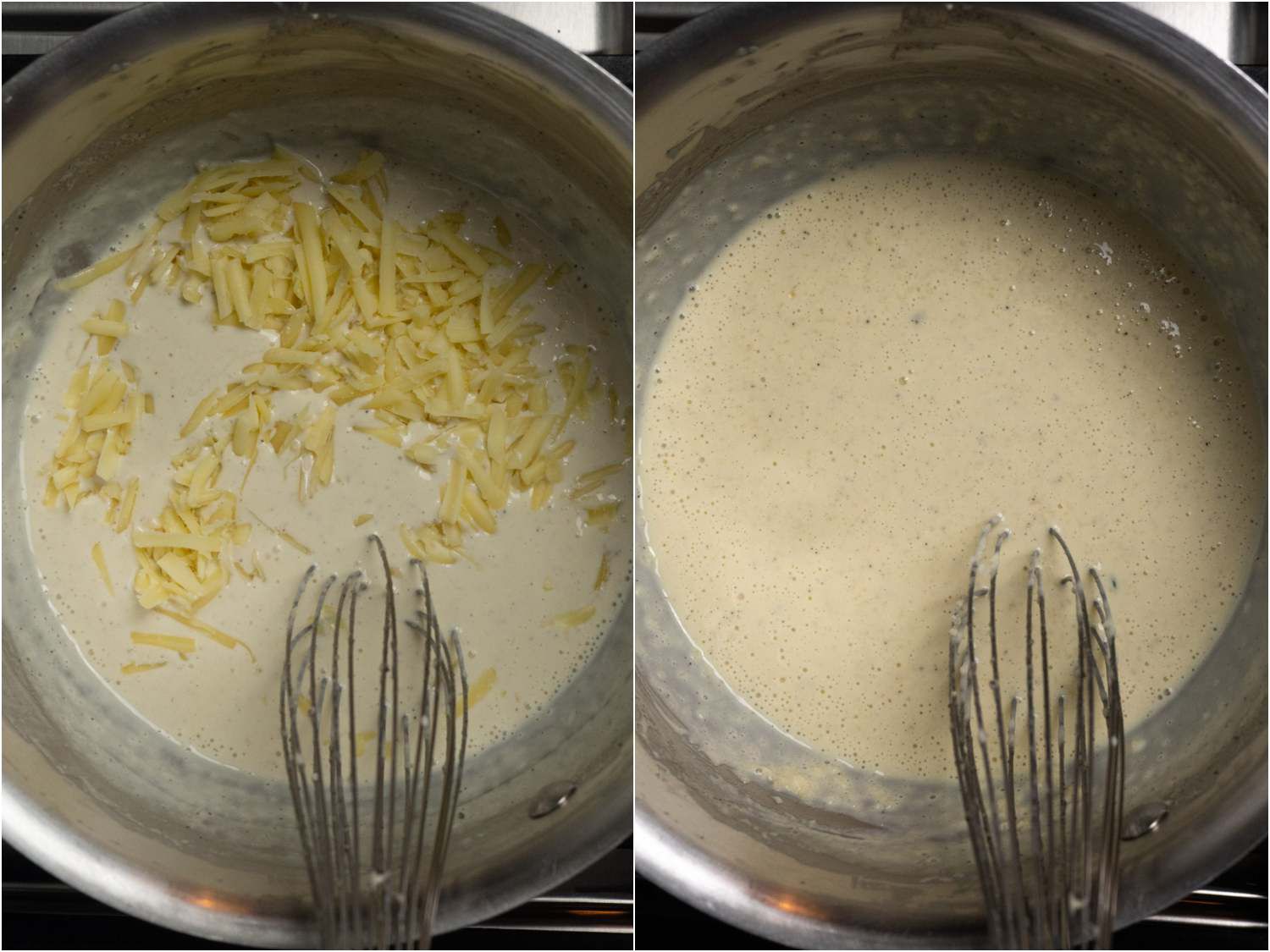 Overhead view of the cream sauce before and after shredded Gruyère has been whisked in.
