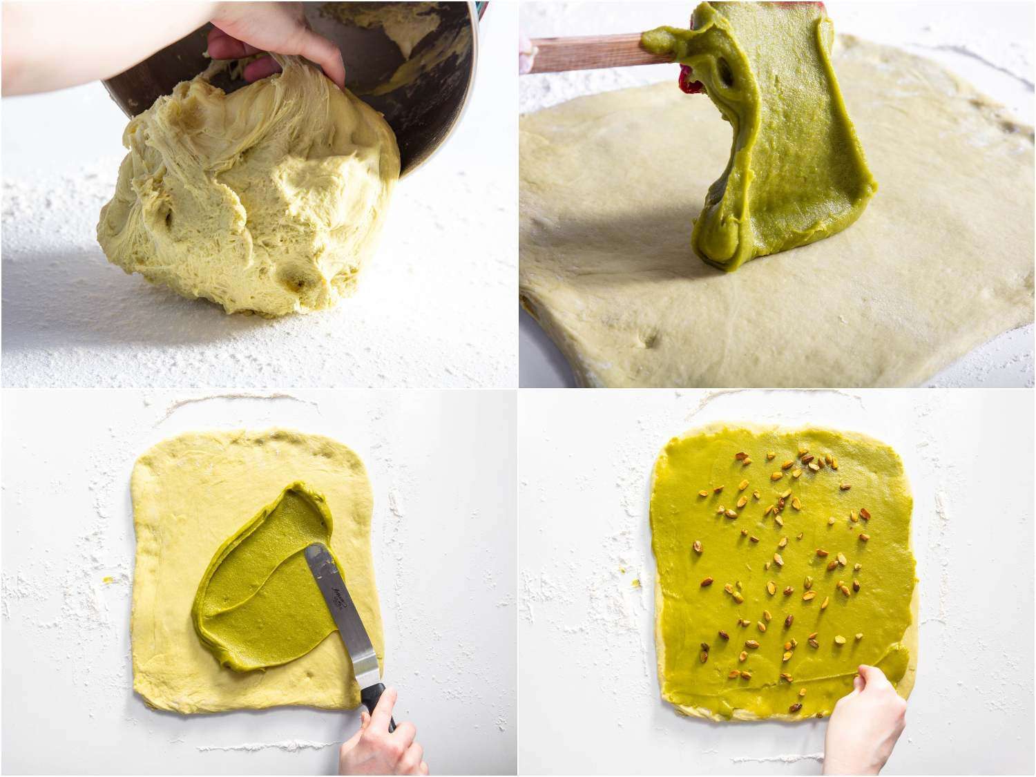 A collage: Turning the proofed dough out onto a floured surface, shaping into a square, and topping with a thin layer of filling and pistachios.