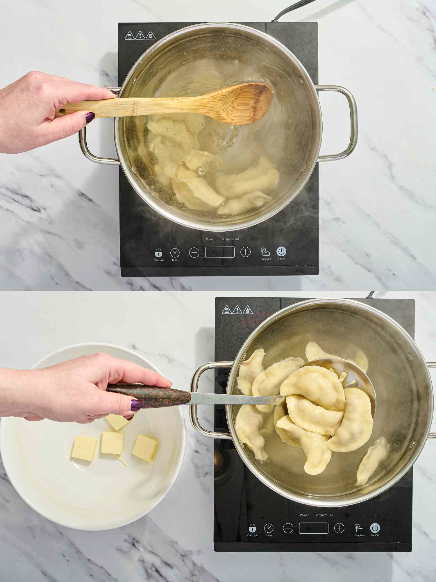 2 image collage. Top: dumplings in saucepan with boiling water. Bottom: Placing dumplings in a bowl with slotted spoon