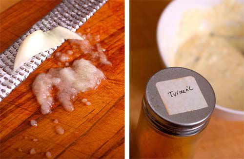 Split image of microplaned onion and a bottle of turmeric.