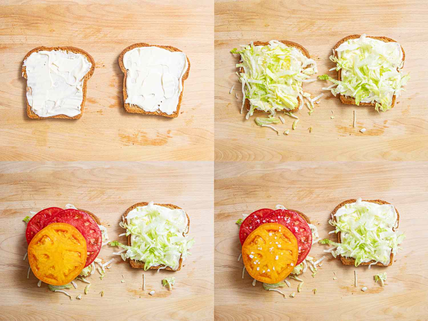 Four Image Collage. All images feature two pieces of bread with mayo and show the progression of building the blt by adding lettuce to both sides, tomato on one side, and salting the tomato.