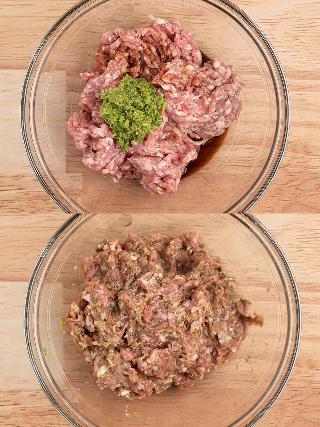 A two-image collage. The top image shows ground pork, soy sauce, fish sauce, and herb paste inside of a glass bowl but not yet combined. The bottom image shows the ingredients now combined in the bowl.