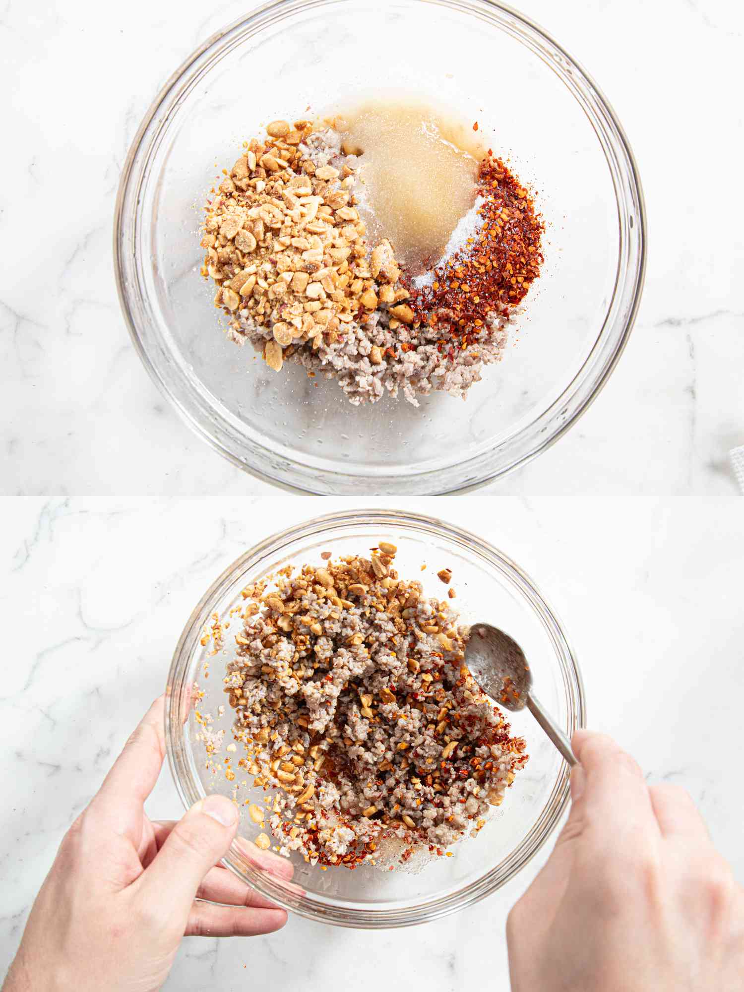 Two image collage of mixing pork mixture with seasoning