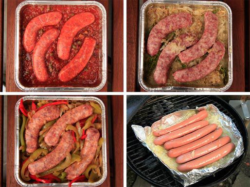 Collage of four photos of sausages and hot dogs cooked with various flavoring agents