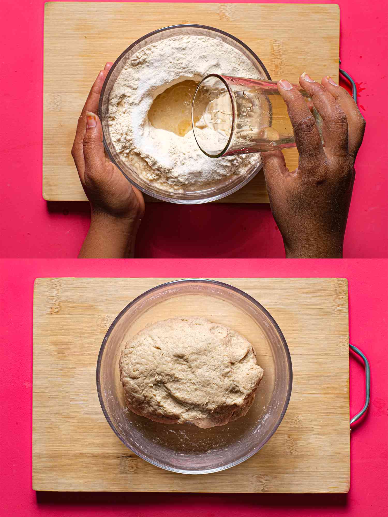 Two image collage of pouring water into flour and making dough
