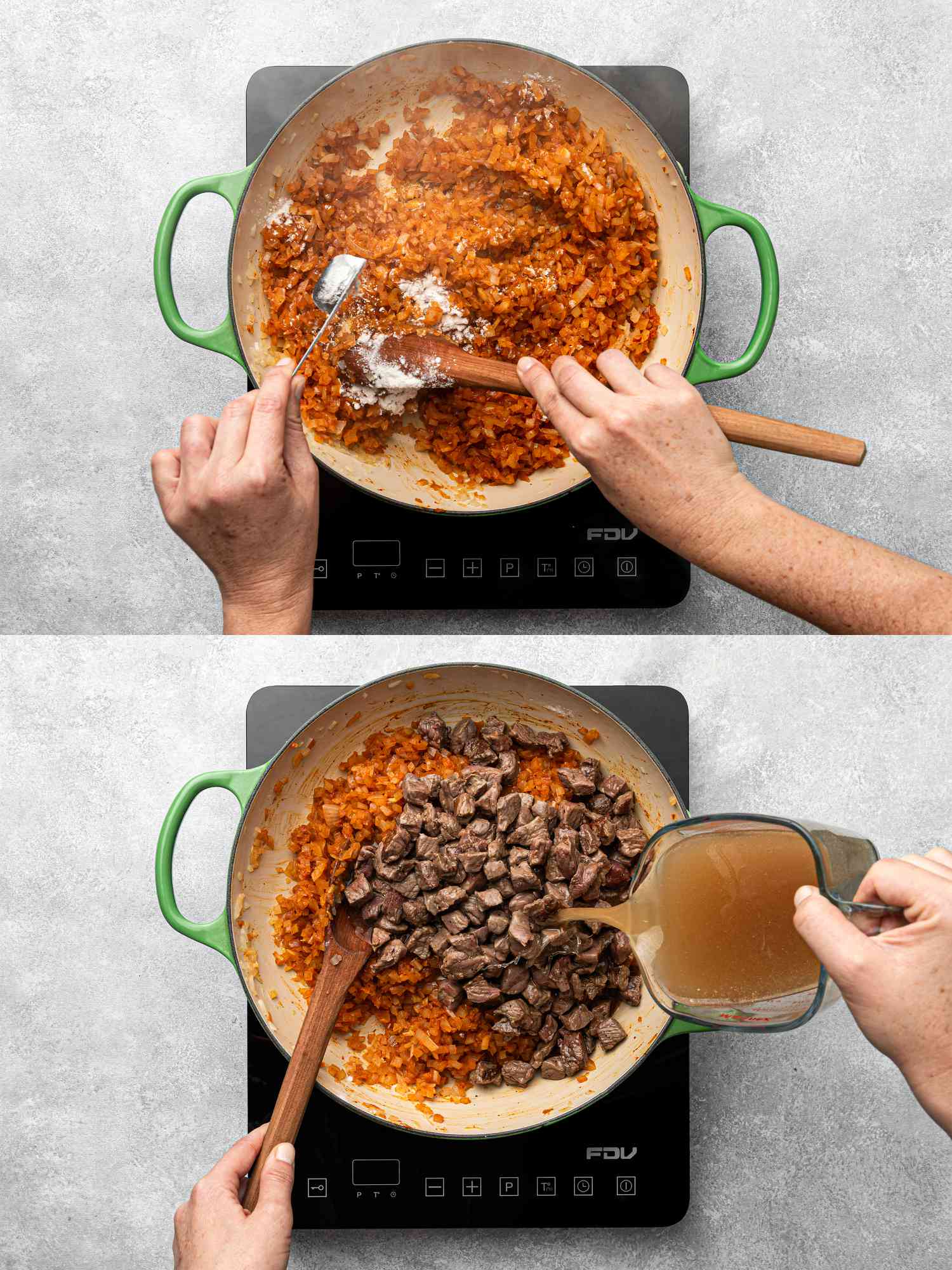 Cooking steps for beef empanada filling, sautéing ingredients in a pan, then adding beef and broth.