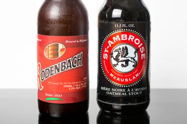 A bottle of Rodenbach red ale and St. Ambroise oatmeal stout.