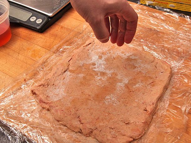 Sprinkling curing salt on a layer of foie gras for torchon. 