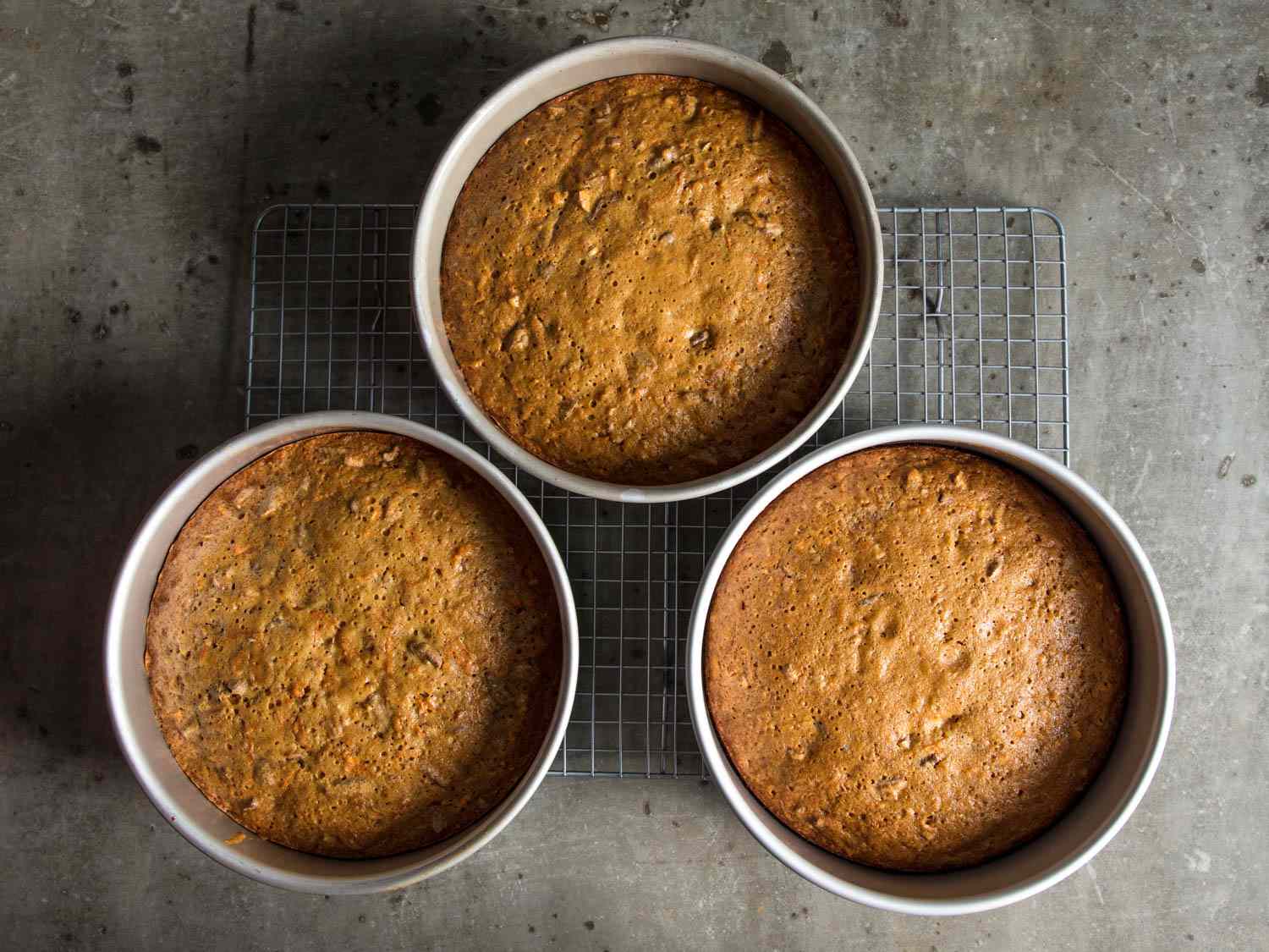 Overhead shot of three carrot cake layers cooling in their pans, on a wire rack.