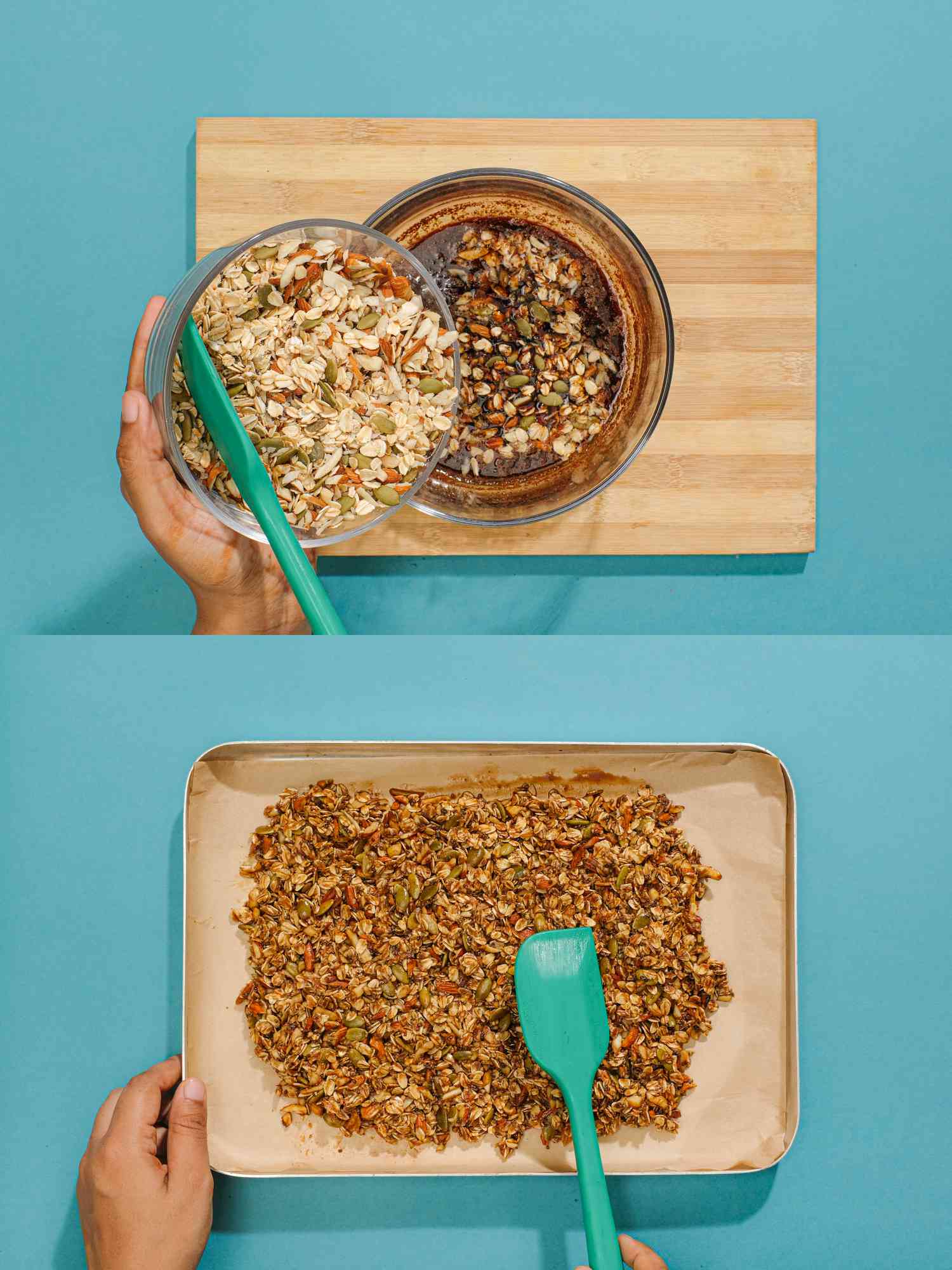 2 image collage: Top: Oats, almonds, pepitas, and chia seeds mixed into coffee and agave mixture in a large bowl. Bottom: Granola mixture spread onto parchment paper on sheet pan.