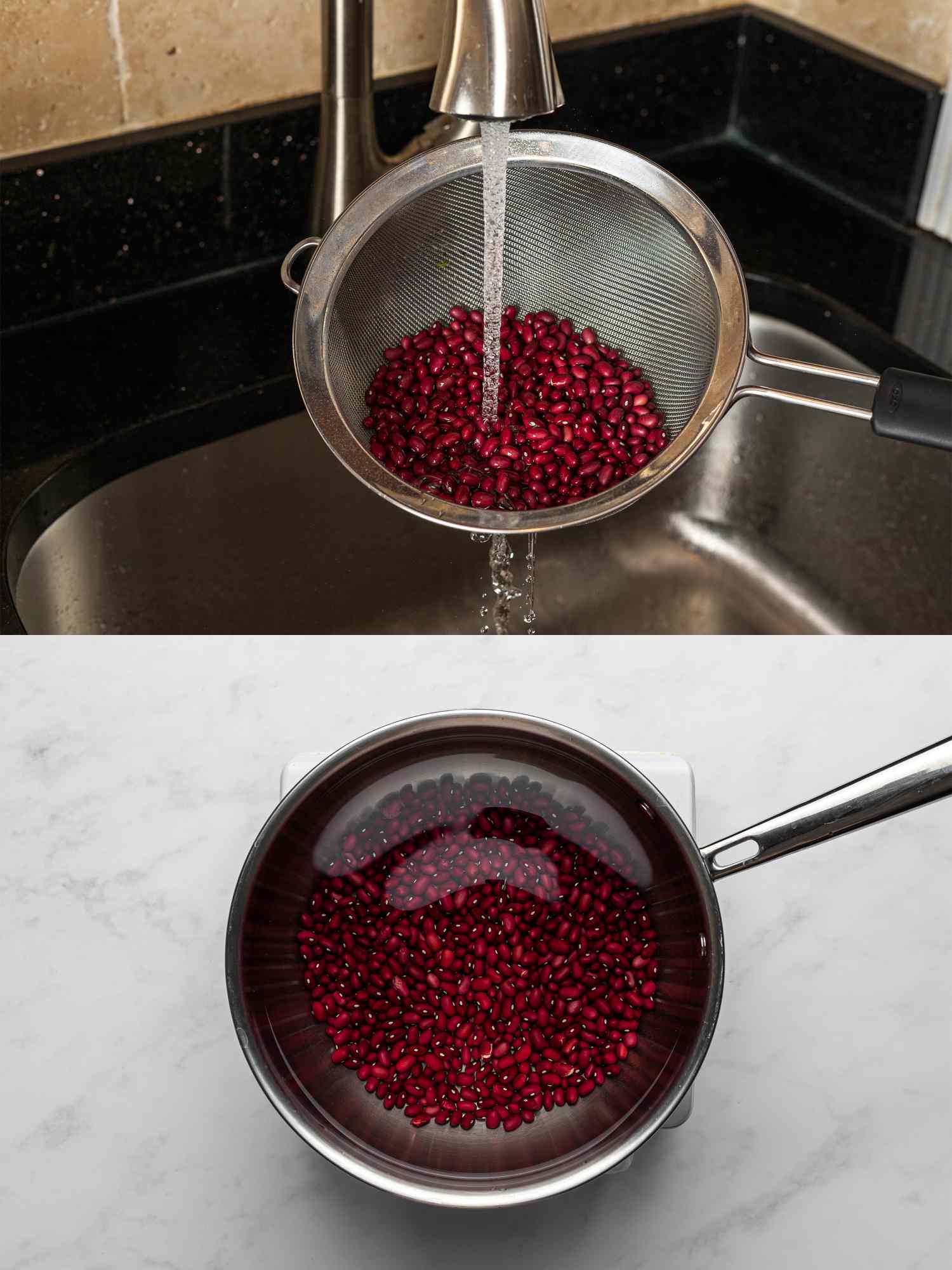 Rinsing beans under cold running water inside colander