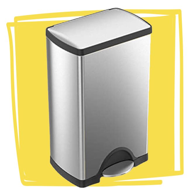 Rectangular stainless steel step trash can with a yellow background